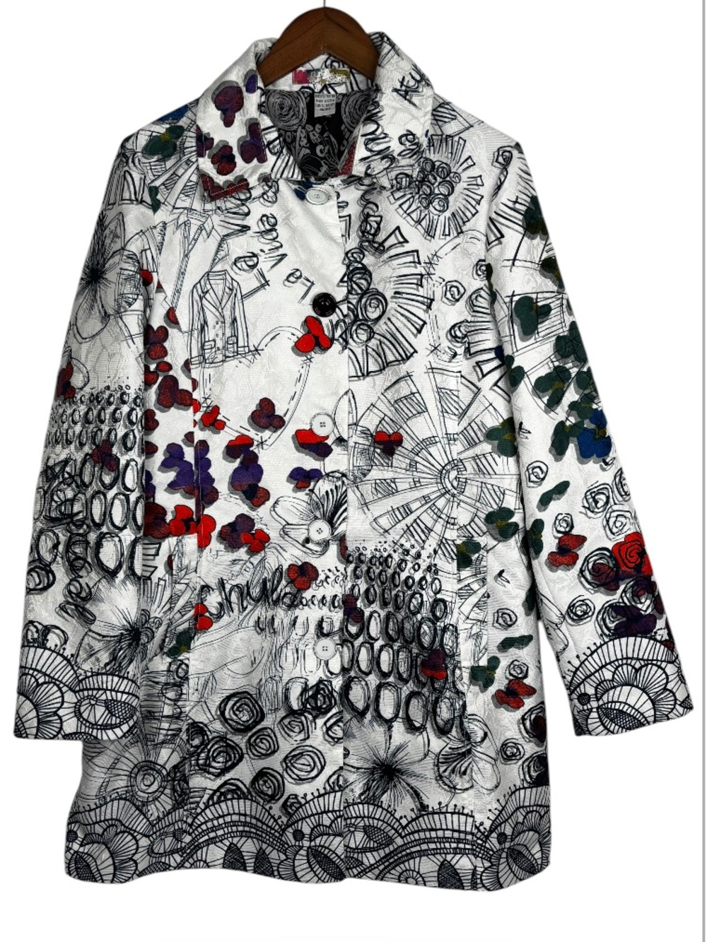 Desigual 2 Pocket Villanova Doodle Art Print Lightweight Spring Coat EU 48 (1X)